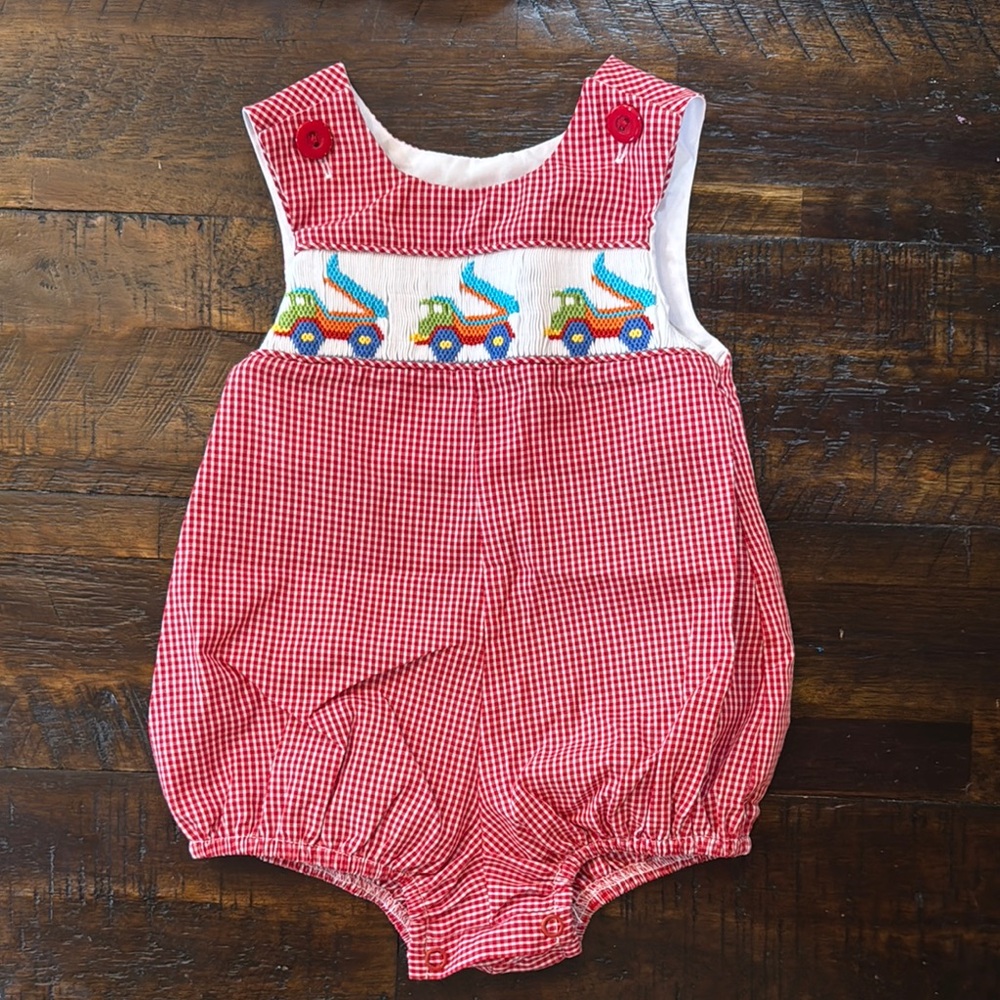 Red Gingham Bubble with Embroidered Trucks